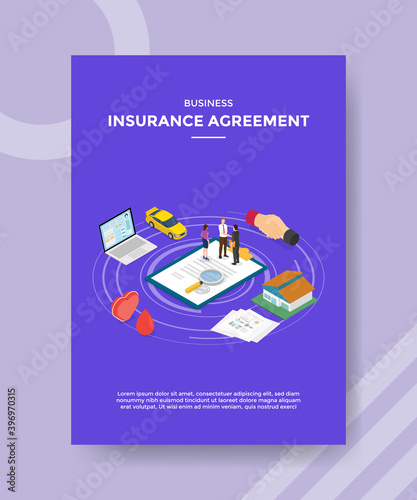 business insurance agreement people handshake on policy around laptop for template flyer and print banner cover isometric 3d flat style