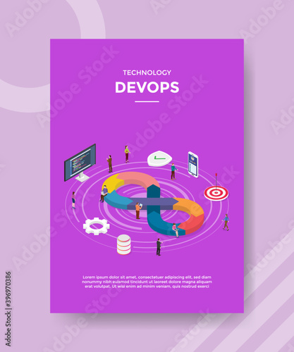 technology devops people standing around work sequence icon computer software gear setting for template flyer and print banner cover isometric 3d flat style