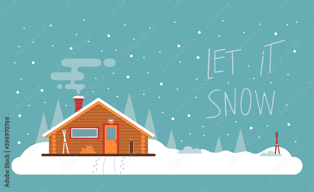 Vector flat illustration with lettering and white snowy winter Christmas landscape and country house in the snowing woods. Suburban houses covered snow. Christmas greeting card