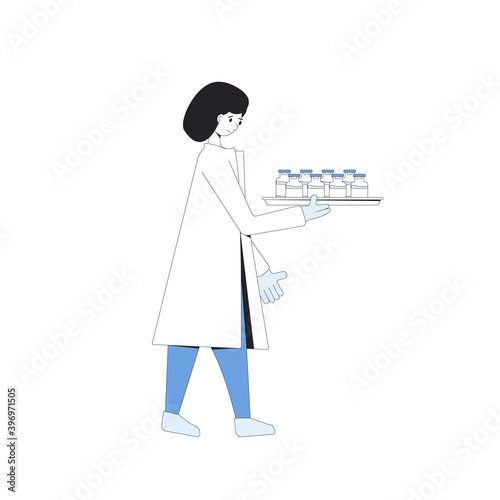 Vaccine. Female scientist or nurse with tray of flasks of coronavirus vaccine for injection. Doctor with salver of bottles with treatment. Vector line art illustration