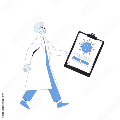 Coronavirus medical reseach concept. Covid treatment complete development.  Scientists conclude phase 3 study of covid vaccine candidate. Vector line art illustration