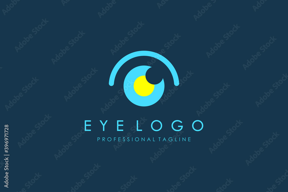 Abstract Eye Vision Logo. Light Blue Geometric Shape with Yellow Eyeball inside isolated on Blue Background. Usable for Business and Technology Logos. Flat Vector Logo Design Template Element.