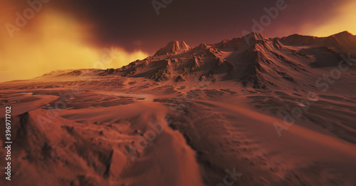 Mars environment. Mountains covered with yellow fog. 3D illustration. Red mountains in the desert.