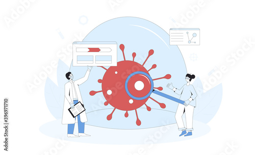 Coronavirus medical reseach concept. Covid treatment complete development. Laboratory discovery prevention medicine. Vector line art illustration