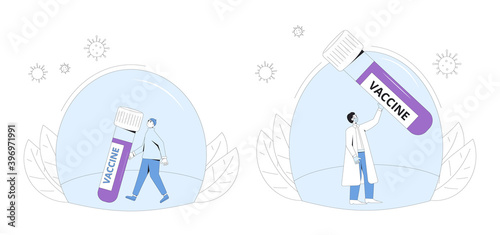 Vaccine reseach done concept. Coronavirus treatment complete development. Corona virus injection test. Laboratory finding prevention. Vector line art illustration