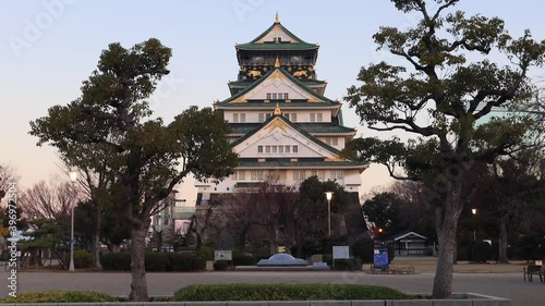 Facade of historic traditional palace and jo in Osaka city of Japan as 4k.
 photo