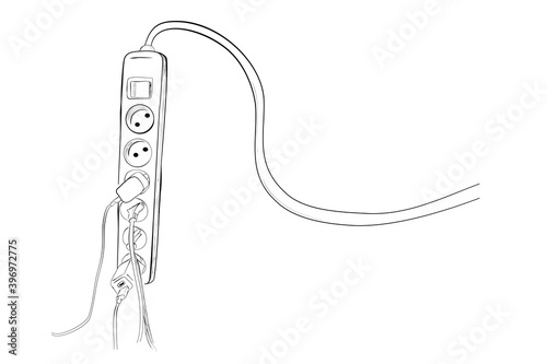 Simple Vector Hand Draw Sketch, Ilustarion Safe way to use Electricity Cable Extension, with smartphone charger and other device cable attached