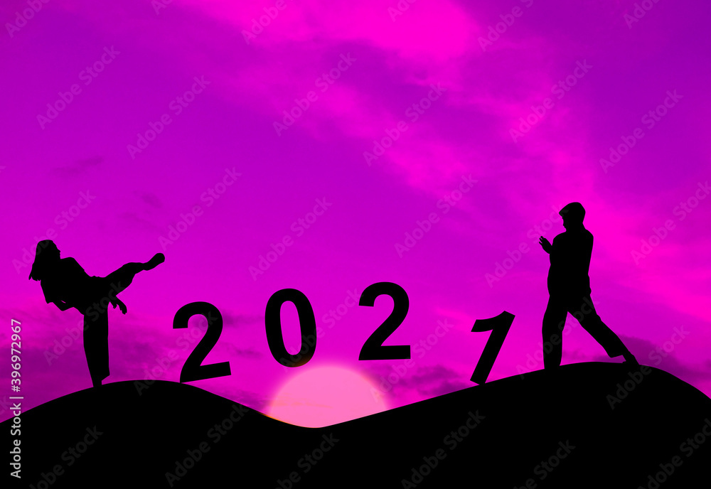 Silhouette running exercise. Concept new year's eve welcome new Year celebration 2021. Silhouette running exercise. Concept new year's eve welcome new Year celebration 2021.