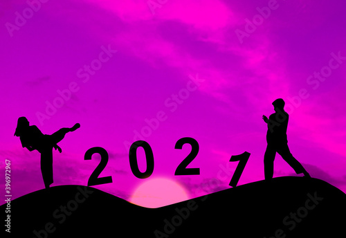 Silhouette running exercise. Concept new year's eve welcome new Year celebration 2021.