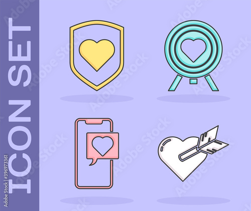 Set Amour with heart and arrow, Heart with shield, Smartphone with heart speech bubble and Heart in the center of darts target aim icon. Vector.