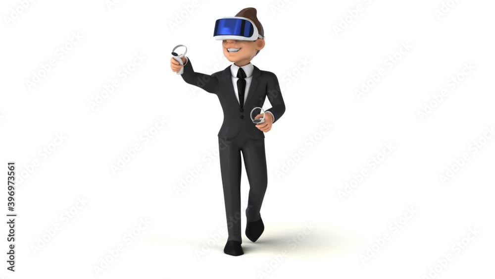 Fun 3D cartoon businessman with a VR helmet Fun 3D cartoon businessman with a VR helmet