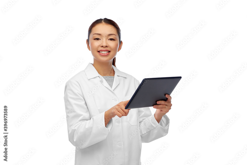 medicine, profession and healthcare concept - happy smiling asian female doctor in white coat with tablet pc computer medicine, profession and healthcare concept - happy smiling asian female doctor in white coat with tablet pc computer