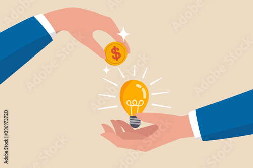 Crowd funding, new business or start up company to get money or venture capital to support or sponsor business concept, businessman hand giving money dollar coin to new business idea light bulb.