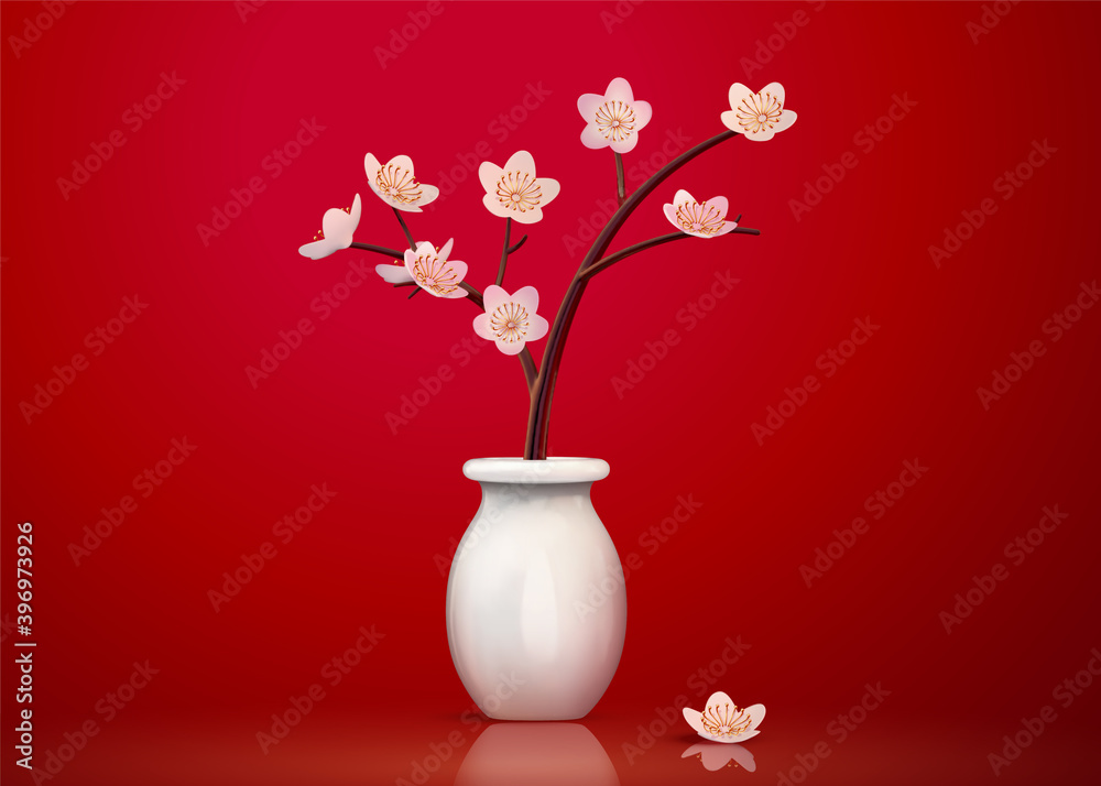Plum flower in white vase mockup