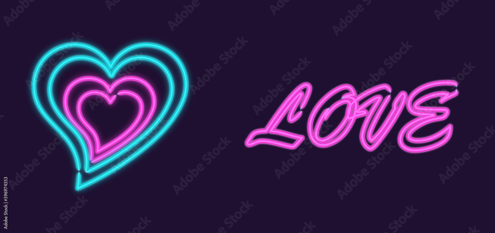 Glowing neon color hearts on dark purple background Glowing neon color hearts on dark purple background
