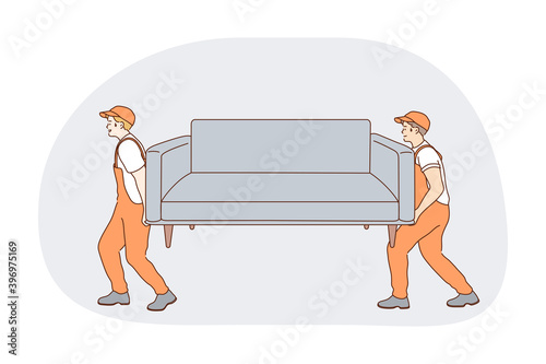 Part-time job, career, manual work concept. Young men professional loaders in orange working uniform carrying sofa to customers flat. Job specialist, working sphere illustration
