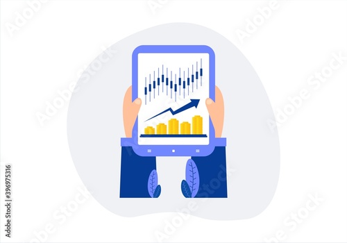 Invest in gold concept design. Hands are holding a gadget to check gold investment chart - Vector illustration.