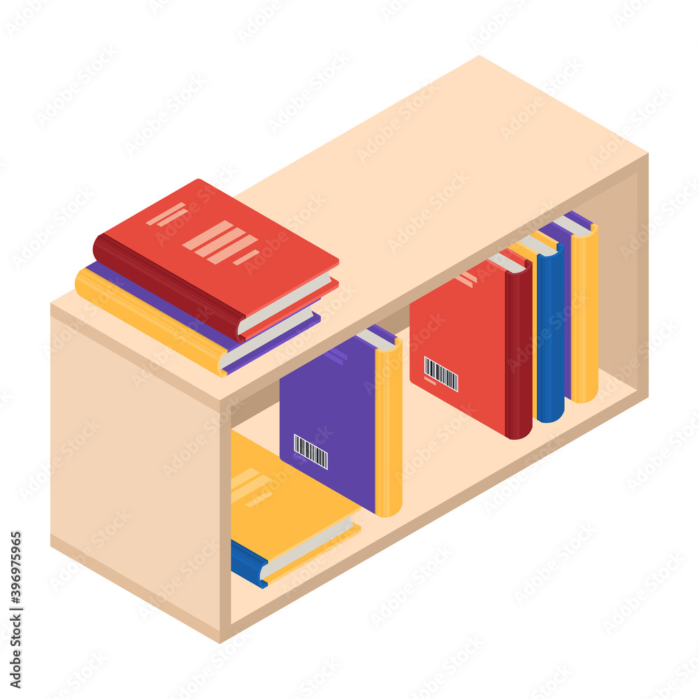 Isometric bookshelf isolated on white background. 3d rendering. Vector illustration. Isometric bookshelf isolated on white background. 3d rendering. Vector illustration.