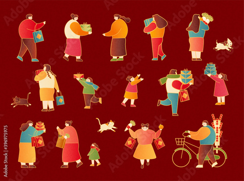 Lunar new year shopping people set