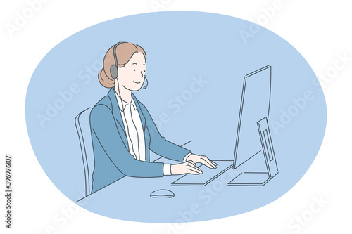 Job, career, working in office concept. Young woman call center operator specialist on headphones working with online calls in office. Job specialist, working sphere illustration