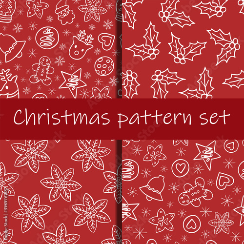 Gingerbread doodle seamless pattern set of 4, Christmas holidays season red background vector for cards, banners, wrapping paper, posters, scrapbooking, pillow, cups and fabric design. 