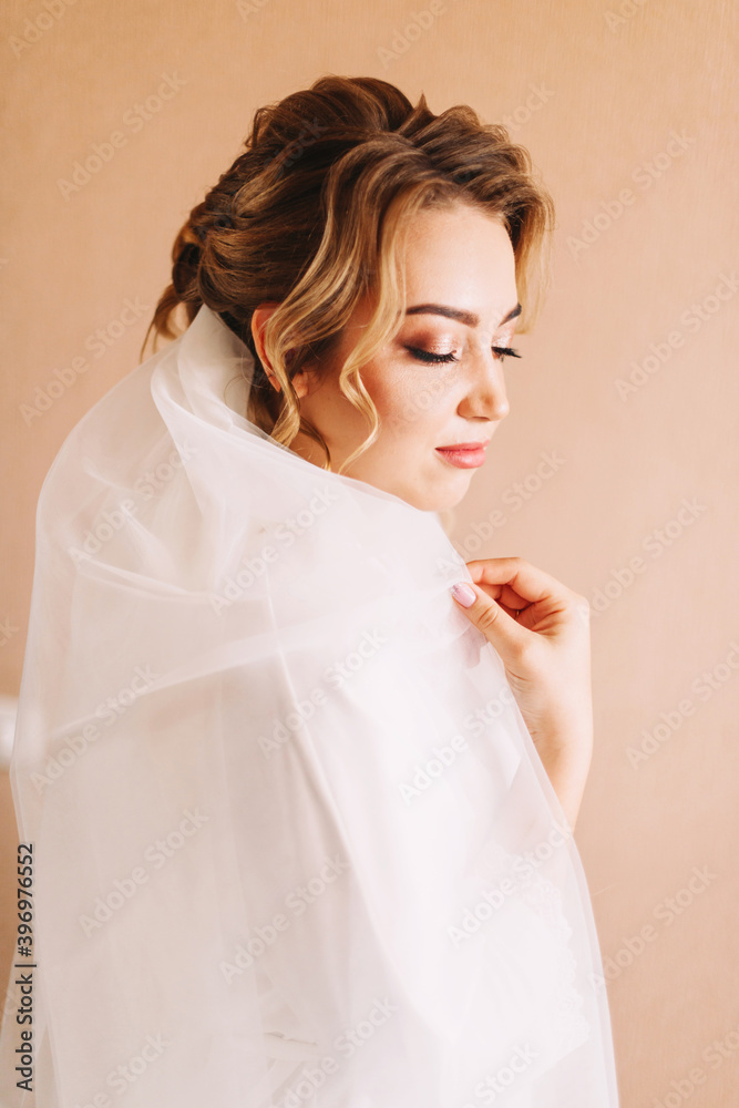 Beautiful bride with veil, wedding hairstyle and makeup Beautiful bride with veil, wedding hairstyle and makeup