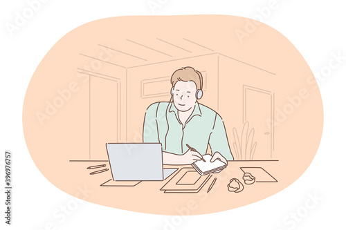 Working in office, modern company worker, online communication concept. Young smiling man cartoon character sitting on workplace with laptop in headphones and writing down tasks and information 