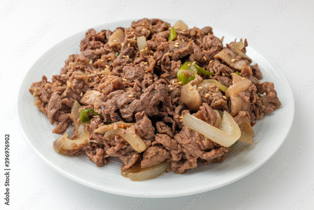 Soy sauce bulgogi on white background Soy sauce bulgogi on white background