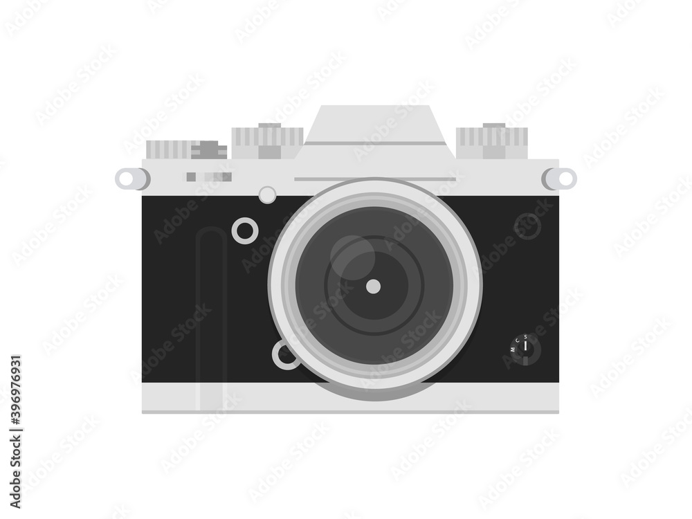 Old style vintage film camera isolated on white background. Retro grey silver and black photo camera. Vector illustration. Detailed realistic icon.