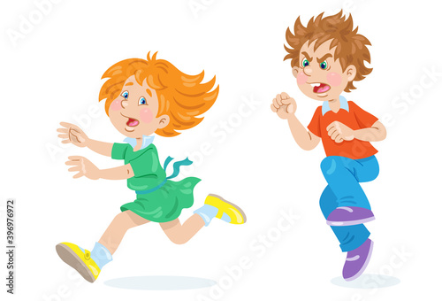 Children and emotions. Scared girl runs away from angry boy. In cartoon style. Isolated on white background. Vector flat illustration.