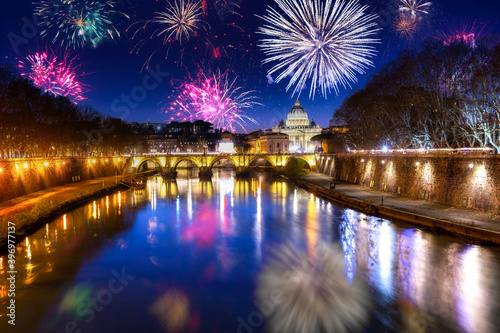 Fireworks display over twe Saint Angelo Bridge in Rome, Italy