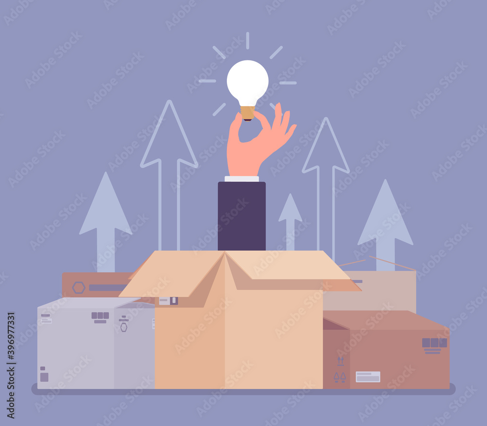 Think outside the box, hand holding bright lamp bulb. Metaphor of new successful innovation, new energy, invention, brainstorm and business inspiration. Vector flat style cartoon illustration