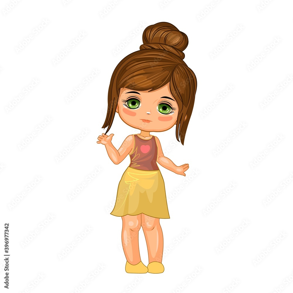 Cute little girl in a skirt. Cheerful funny child in a good mood. The isolated object on a white background. Young baby. Cartoon flat style. Vector Cute little girl in a skirt. Cheerful funny child in a good mood. The isolated object on a white background. Young baby. Cartoon flat style. Vector