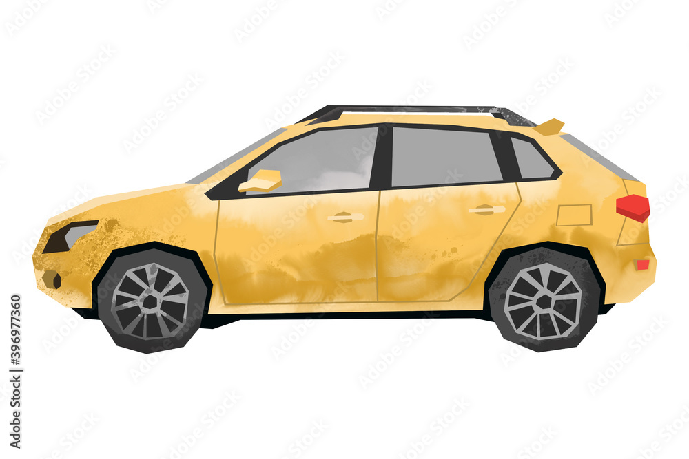 Watercolor yellow car. Isolated automobile. Cartoon print for kids room. Side view of SUV. Urban transportayion transportation