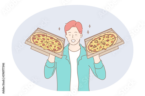 Working as deliveryman, job, career concept. Young smiling man professional courier or deliveryman holding fresh pizza for delivery to customer. Job, specialist, working sphere illustration 