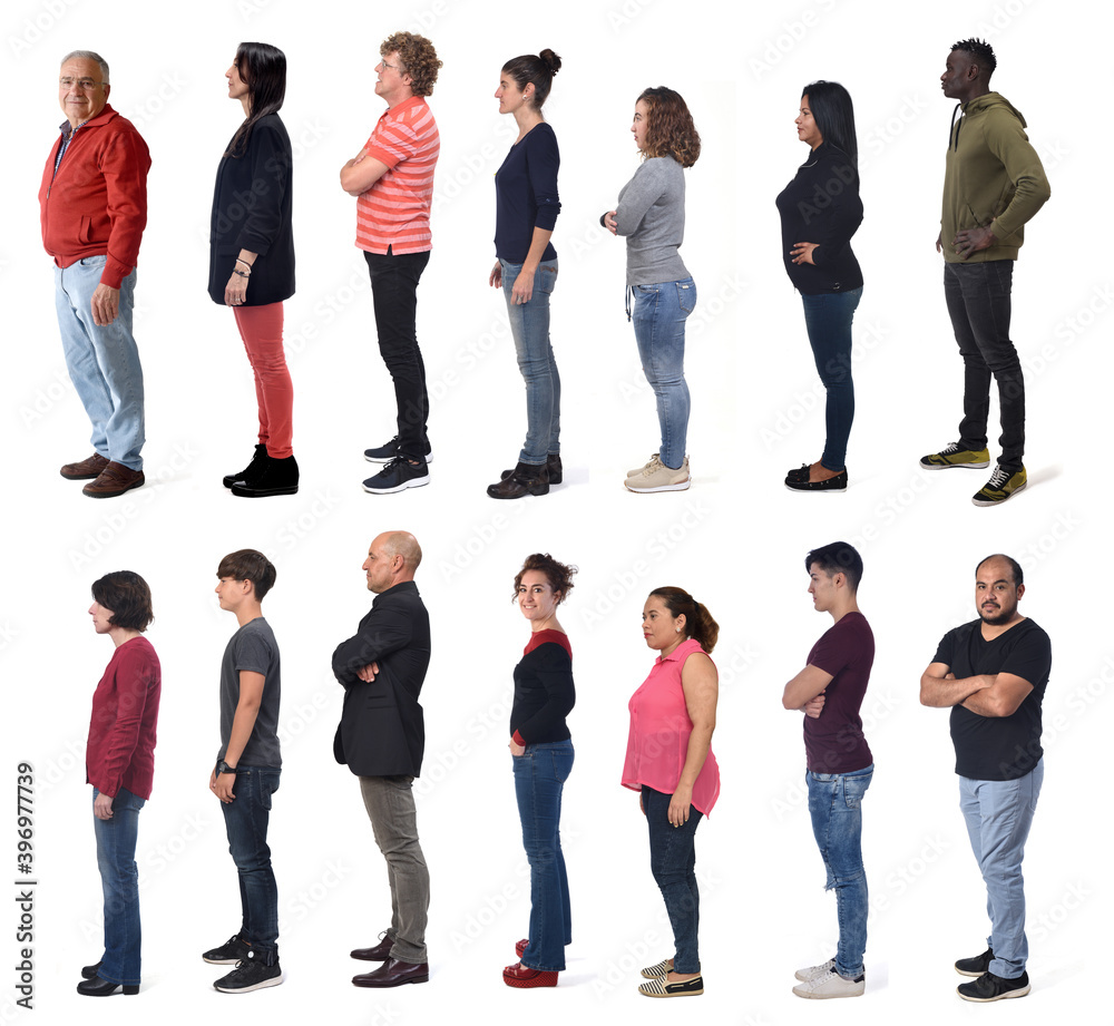 Obraz premium profile of a large group of man and women wearing jeans on white background