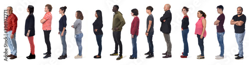 profile of a large group of man and women wearing jeans on white background