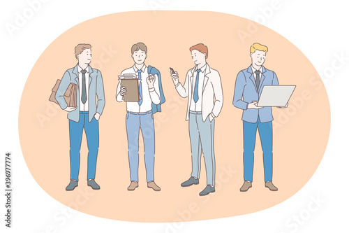 Working in office, modern company worker, online communication concept. Young happy business man cartoon character standing and holding tablet, smartphone, laptop and case in hands 