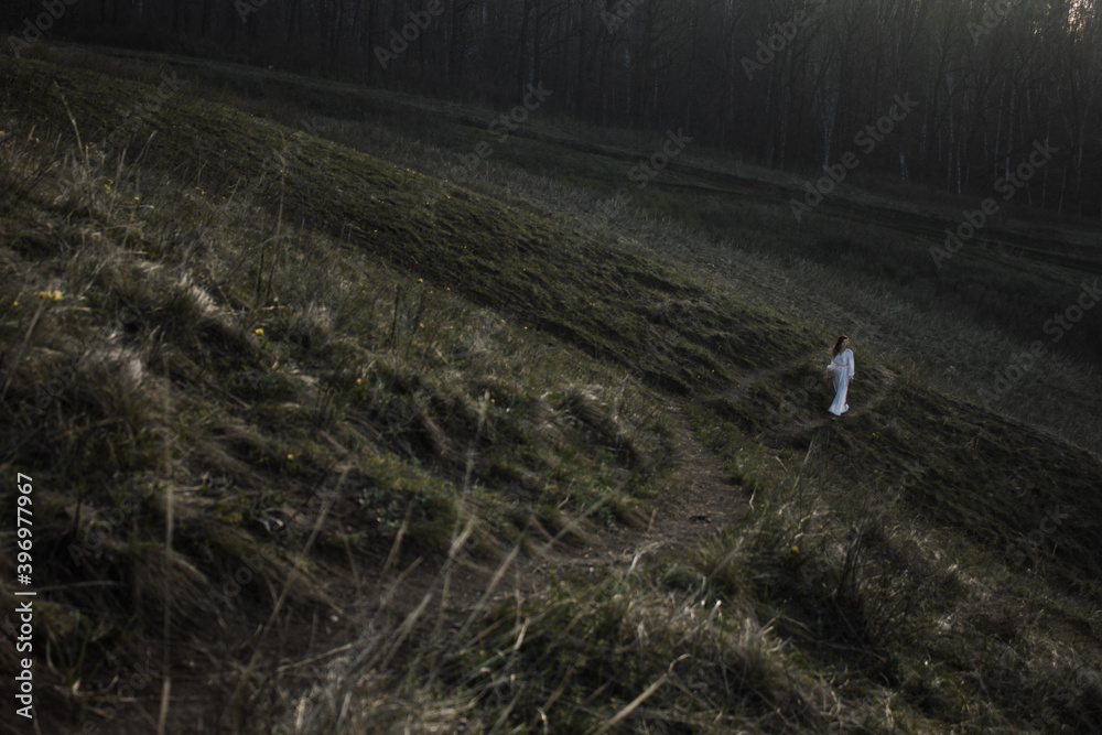 Obraz premium girl in white dress walking in mountain. Space for text