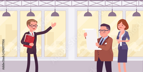 Commercial real estate sale broker, male leasing agent showing property. Man in negotiations between buyers, sellers, finding a suitable home, flat or apartment. Vector flat style cartoon illustration