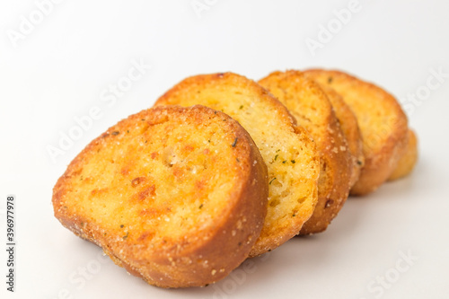 Garlic bread on a white background