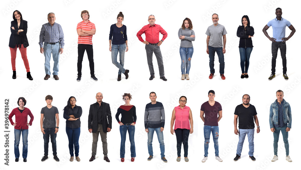 Obraz premium front view of a group of men and women wearing jeans on white background