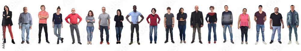 Fototapeta premium front view of a group of men and women wearing jeans on white background