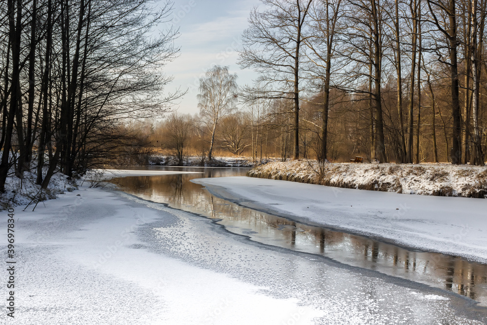 frozen snowy river banks scenery frozen snowy river banks scenery