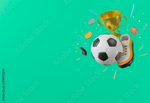 football sports object on blue background. football shoes kick the ball. gold cub and gold medal silver copper. football concept design. sport competition. celebration winner. symbol 3d illustrator
