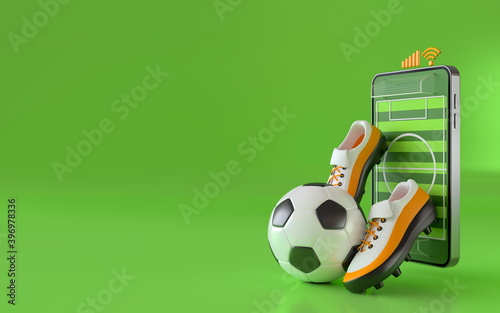 football sport online on the smartphone. football field screen phone. football tournament concept. sport online channel. sport application online. soccer channel. soccer competition. 3d illustrator.