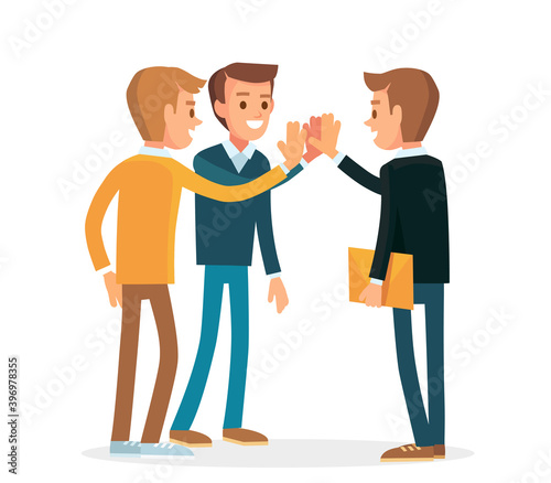 Team building, coworkers, teamwork, start up concept. Office workers giving high five clapping each other hands. Office joint work fraternity.Office brotherhood cohesion unity. Group of office workers