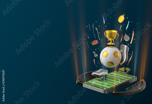 football sport online on the smartphone. football field screen phone. football tournament concept. sport online channel. sport application online. soccer channel. soccer competition. 3d illustrator.