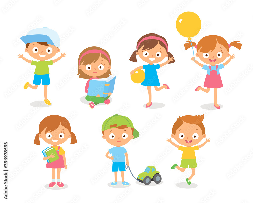 Set group collection of vector cute babies kids characters playing,doing activities in different various poses.Children happily jump,move,greeting with hads up.having fun in fine mood,play,hang around