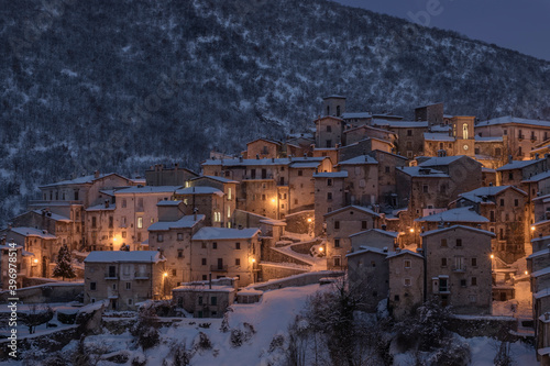 Winter view of the village of Scanno in the Blue Hour. Abruzzo. Italy. 